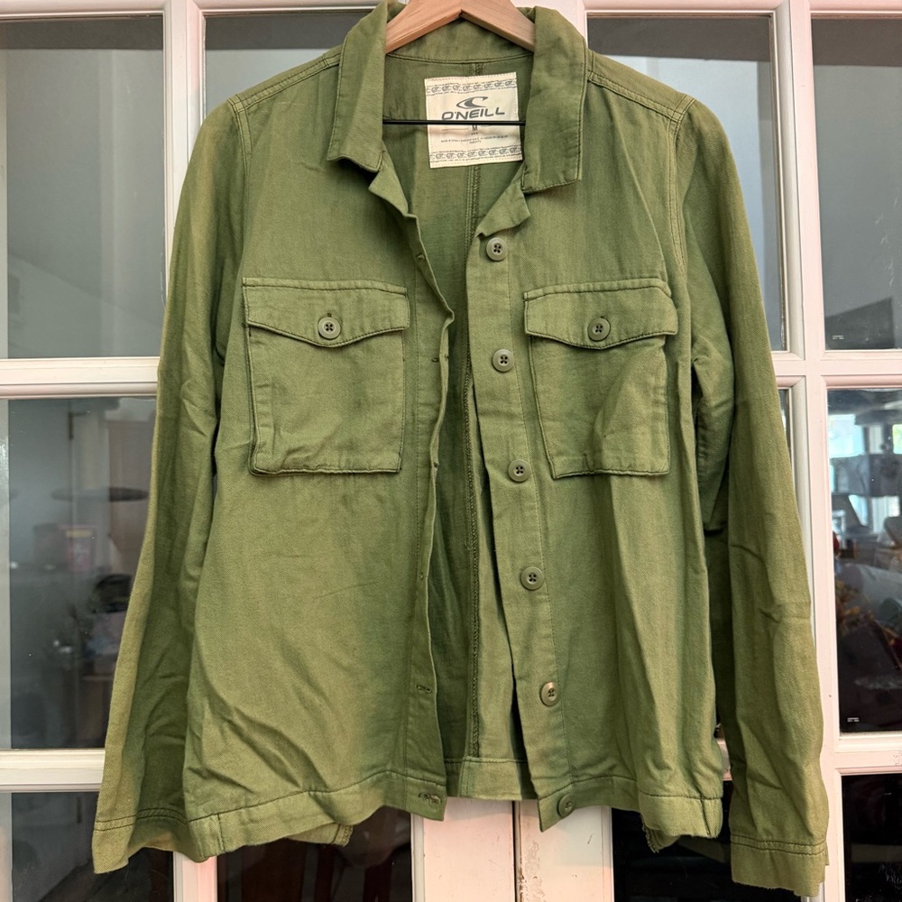 O'Neill Utility Button Up Shirt Olive Green Size M Stretch Overshirt Shacket